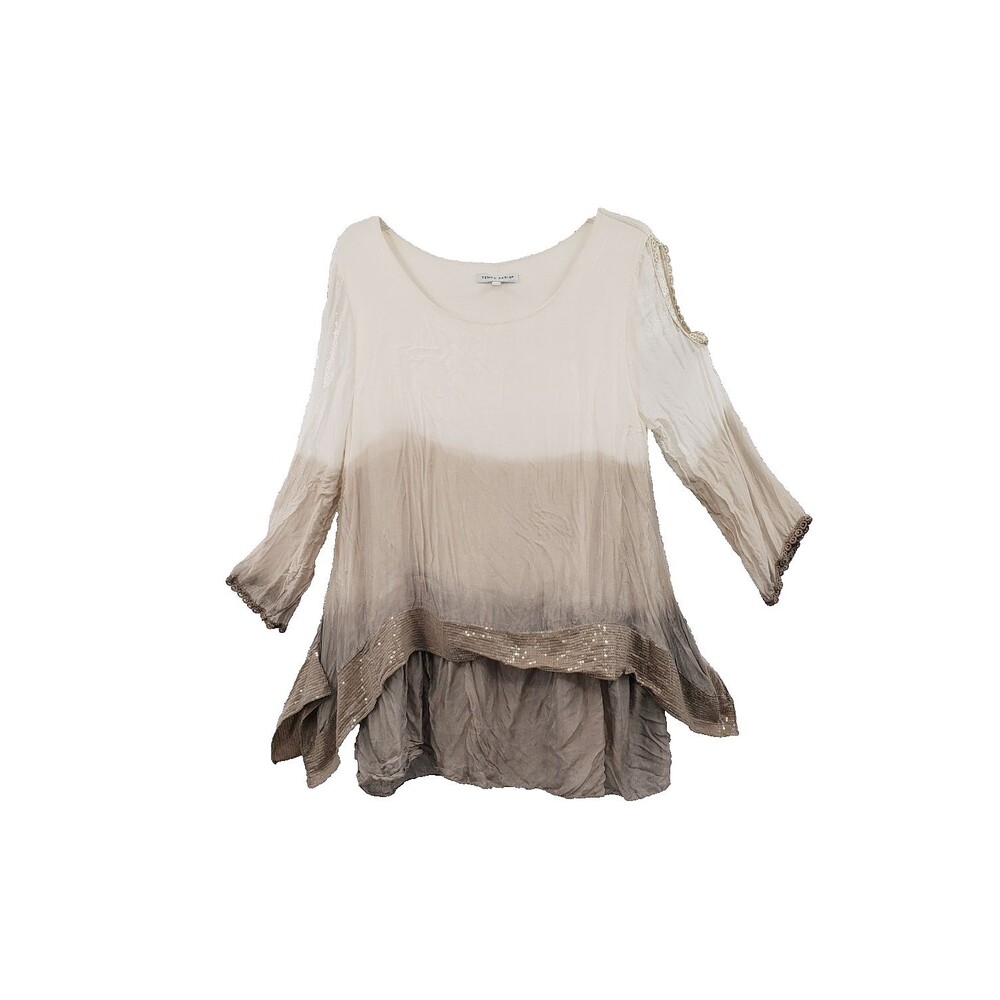 Tempo Paris Silk Top XL Taupe Cream Ombre Sequin Embellished Layered Lagenlook